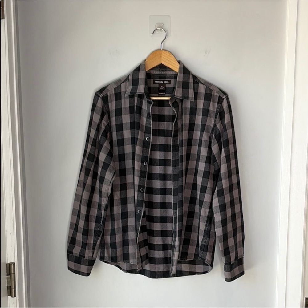 Michael Kors Cotton Black Checkered Button Down Tailored Fit Men’s M